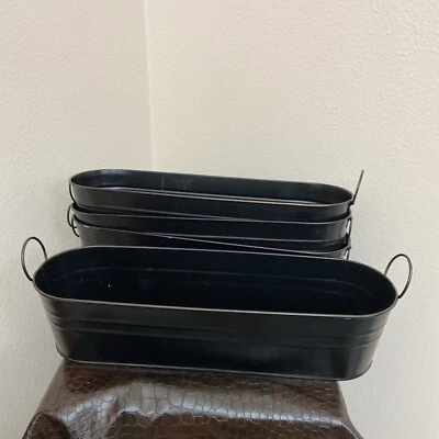SET Of 4 METAL PLANTER OVAL METAL PLANTER  WINDOW Black 3.5” T  15” L 4.5” W - Image 1 of 4