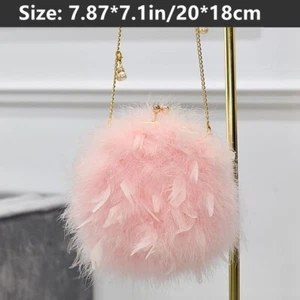 Lady Fluffy Ostrich Feather Handbag Circular Bag Purse Clutch Party Evening - Picture 1 of 17