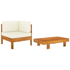 2 Piece Garden Lounge Set with Cream White Cushions Acacia Wood - Picture 1 of 8
