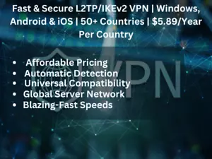 Fast & Secure L2TP/IKEv2 VPN | Windows, Android & iOS | 50+ Countries | $6.89/Ye - Picture 1 of 1