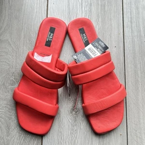 M&S Women's REAL LEATHER Padded Flat Mules Sandals in Coral UK 4 5 7 8 - Picture 1 of 7