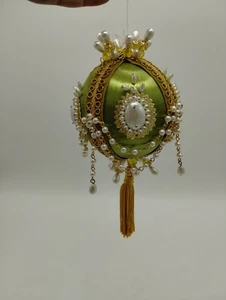 Beautiful Vintage Light Green Satin Beaded Tassle Christmas Ornament Victorian  - Picture 1 of 8