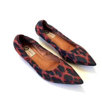 Lanvin Paris 芭蕾舞平底尖头鞋女式 38.5 7.5 红色黑色豹纹 — 第 1/4 张图片