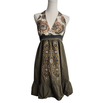 Halter Dress Embroidered Green Brown Tan Paisley Sleeveless Casual sz lg - Image 1 of 4