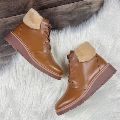 NEW Clarks Andie Mae 9M Leather Comfort Ankle Booties Tan Brown Faux Fur Cuff - Image 1 of 4