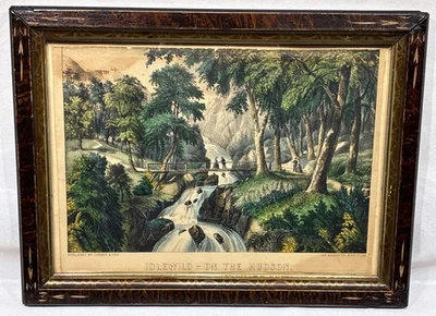 Litografia emoldurada original da década de 1870 Currier & Ives Idlewild on the Hudson River - Imagem 1 de 4