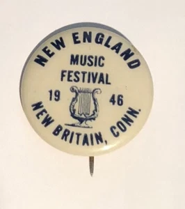 1946 New England Music Festival New Britain, Conn Pin Back Button w/ Harp Keezer - Picture 1 of 2