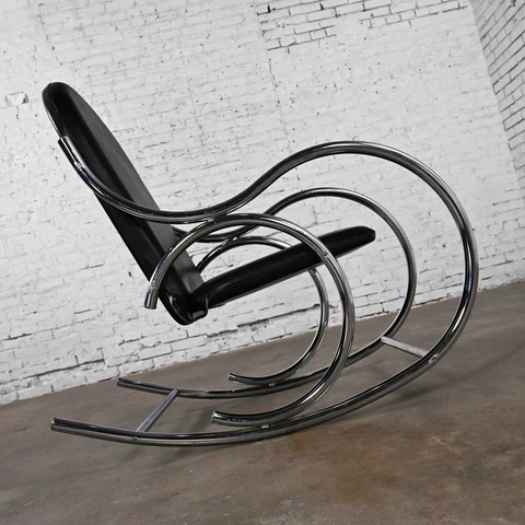 Bauhaus Style Black Vinyl & Chrome Bentwood Style Rocking Chair After Thonet Cover