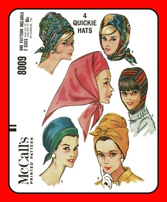 Womens SCARF Kerchief HOOD Pattern 8009 Vtg 1965 Hat TURBAN Sizes 21.5-23 - Image 1 of 4