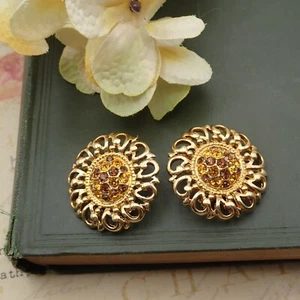 Swarovski Swan Stamp Shades Of Gold Crystal Flower Clip Earrings - Picture 1 of 6