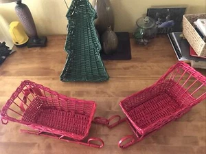 Red Wicker Sleigh Basket Christmas Holiday Decor Santa Floral Vase Display Xmas - Picture 1 of 3