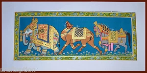 Original Miniatur Gemälde verzierter Elefant, Kamel, Pferd auf Seidentuch - Bild 1 von 6