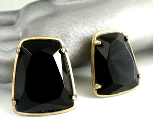 Ellen Tracy Earrings Chunky 1" Cushion Cut Black Glass Stones Modern Classy Chic - Picture 1 of 7
