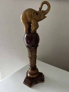 Wood Look Standing Elephant Statue Finial Sculpture Lucky Raised Trunk~ Resin - Picture 1 of 10