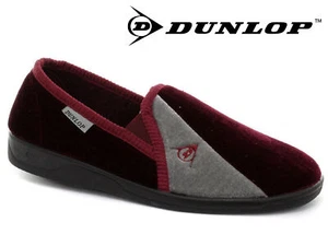Mens Dunlop Full Slippers Velour Two-Tone Twin Gusset Comfy Warm Burgundy / Grey - Picture 1 of 9