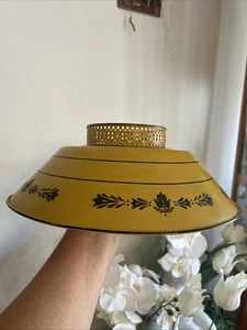 Vintage Toleware Metal Lampshade Yellow Black Stencil Mid Century Light Shade - Picture 1 of 7