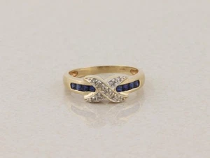 Ring 10 Karat Gelbgold natürlicher blauer Saphir und Diamant Größe 7 1/2 - Bild 1 von 6