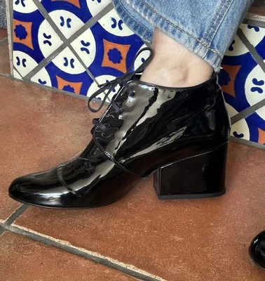 90-е Robert Clergerie 40 лакированная кожа коренастый каблуки туфли Оксфорд черный - Изображение 1 из 4