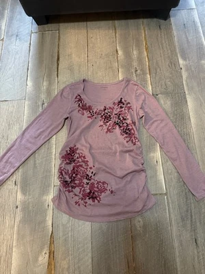 Motherhood Maternity pink mauve long sleeve shirt with ruching and flowers S - Image 1 of 4