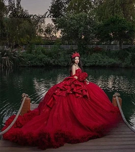 Red Off The Shoulder Beaded Corset Quincenara Dress Ruffles Bow Tulle Ruched HOT - Picture 1 of 16