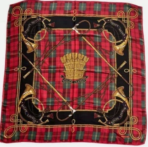 Rare Ralph Lauren Silk Crown Crest Fox Horn Tartan Plaid Scarf - Picture 1 of 6