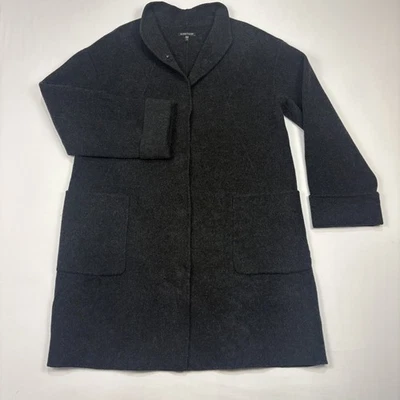 Eileen Fisher Unlined Coat Black Heather Snap Front Wool Blend Mid Length Medium - Image 1 of 4