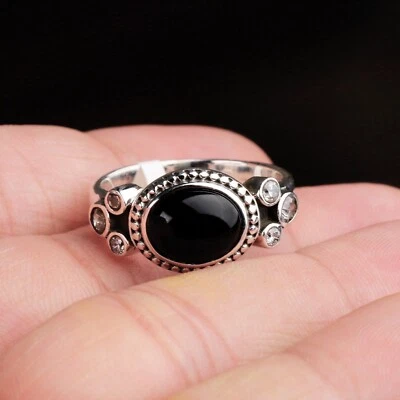 Natural Black Onyx & Cubic Zirconia 925 Sterling Silver Engagement Ring Size 9 - Image 1 of 4