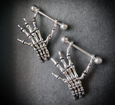 PAR de Esqueleto Hueso Mano Pezón Escudos Barra Anillos Piercing Corporal Joyería Foto 1 de 4