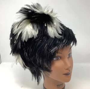 Vintage Womens Black White Hat with Iridescent Feathers JFY New York Collection - Picture 1 of 12