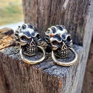Biker Flame Skull Cufflinks 90s Vintage Handmade by Artist - Picture 1 of 3