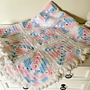 NEW Baby Blanket Handmade Crochet 35" x 31" Pink Blue White Ruffle - Picture 1 of 9