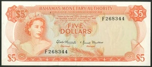 Bahamas, Bahamas Monetary Authority, 5 dollars, Law of 1968, EF - Picture 1 of 2