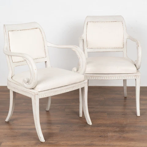 Pair, White Painted Gustavian Arm Chairs, Sweden circa 1880 Cover