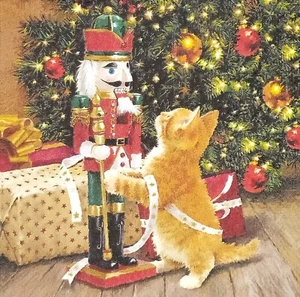 S884# 3 servilletas de papel pequeñas individuales para decoupage cascanueces de Navidad con gato - Imagen 1 de 9