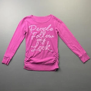 Girl's Large 10-12 Pink Graphic Long Sleeve Shirt Ruched Rhinestone Bling - Picture 1 of 8
