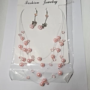 Collar flotante de perlas de imitación rosa brillante con pendientes colgantes a juego NUEVO - Imagen 1 de 8