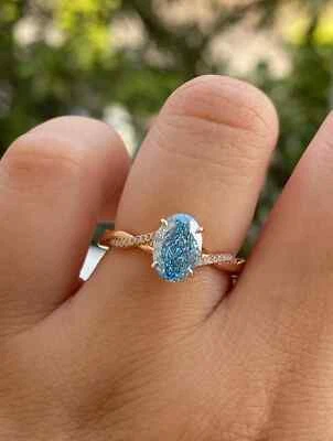 2.70Ct Oval Lab Grown Fancy Vivid Blue Diamond Wedding Ring 14K Real Yellow Gold - Image 1 of 4