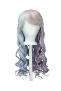 22 Zoll lange gewellte gleichmäßige Schnitt mit langem Pony Metallic Pastelltöne rosa blau grün Erika Perücke - Bild 1 von 3