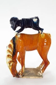 VTG Chinese Tang Dynasty Sancai Glaze Pottery Feng Shui Monkey on Horse 13" H - Picture 1 of 23