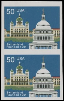 1991, USA 700TH ANN. OF SWITZERLAND, VERTICAL IMPERFORATE PAIR, NH, SC. #2532imp - Image 1 of 2