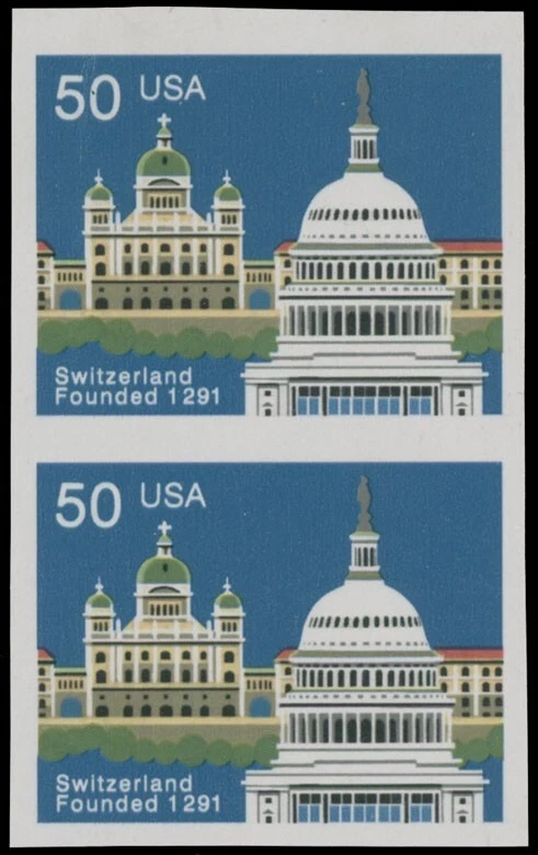 1991, USA 700TH ANN. OF SWITZERLAND, VERTICAL IMPERFORATE PAIR, NH, SC. #2532imp - Image 1 of 2
