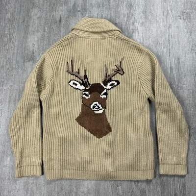罕见 复古 70S MILLER 外套 DEER SHAWL 领牛仔针织衫 男式 中号 — 第 1/4 张图片