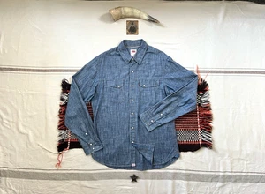 Levi's Longhorn 54 Chambray Work Shirt M Slant Pocket Ivory Snaps Immaculate Blu - Picture 1 of 20