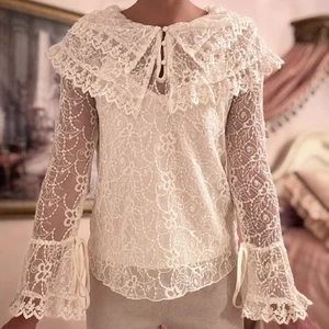 NWT Moon River Boho Shirt Lace Long Bell Sleeve Ties Collared Button Down - Picture 1 of 6