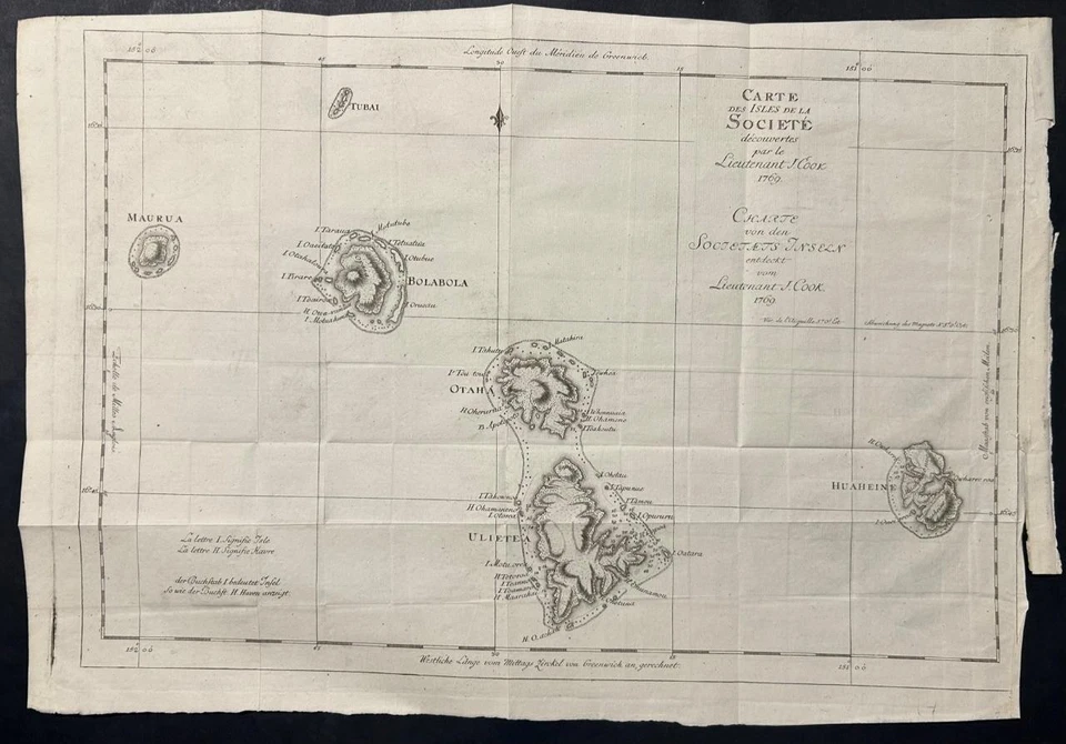 SOCIETY ISLANDS FRENCH POLYNESIA 1774 JAMES COOK UNUSUAL ANTIQUE SEA CHART - Image 1 of 1