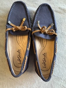 LIFESTRIDE 7M Soft System Active Arch Slip On Braided Bows Navy Driving Loafers - Picture 1 of 8