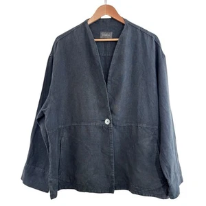 OSKA Linen Jacket Size 4 UK 16-18 Grey Lagenlook Button Up Chore Utility - Picture 1 of 10