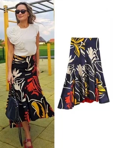 Zara ZW Collection Printed Asymmetric Midi Skirt Navy Size M REF:3042/137 New - Picture 1 of 22