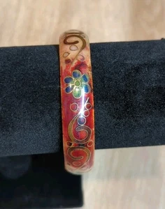 Brazalete Brazalete Floral Esmalte Cloisonne Rojo Tostado Flores Tono Dorado De Colección  - Imagen 1 de 5