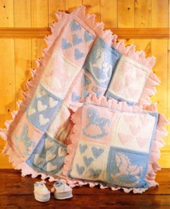 KNITTING PATTERN - ROCKING HORSE & HEARTS BABY BLANKET CUSHION COVER BOOTIES - Picture 1 of 1